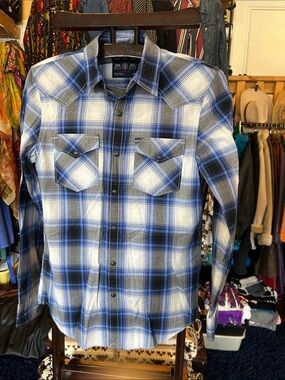 American Eagle Outfitters Blue and Gray Plaid Pearl Snap Western Shirt
